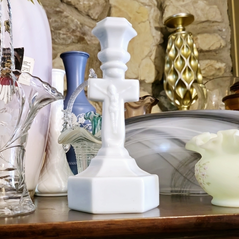 Milk Glass Candlestick Holder - 9.5" Tall & Heavy - Selenium? Glows Pink/Purple